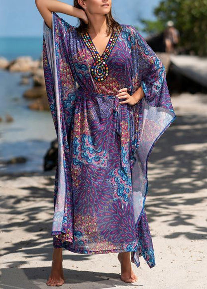Fitted Purple Print V Neck Beach Gown Holiday Dress Summer