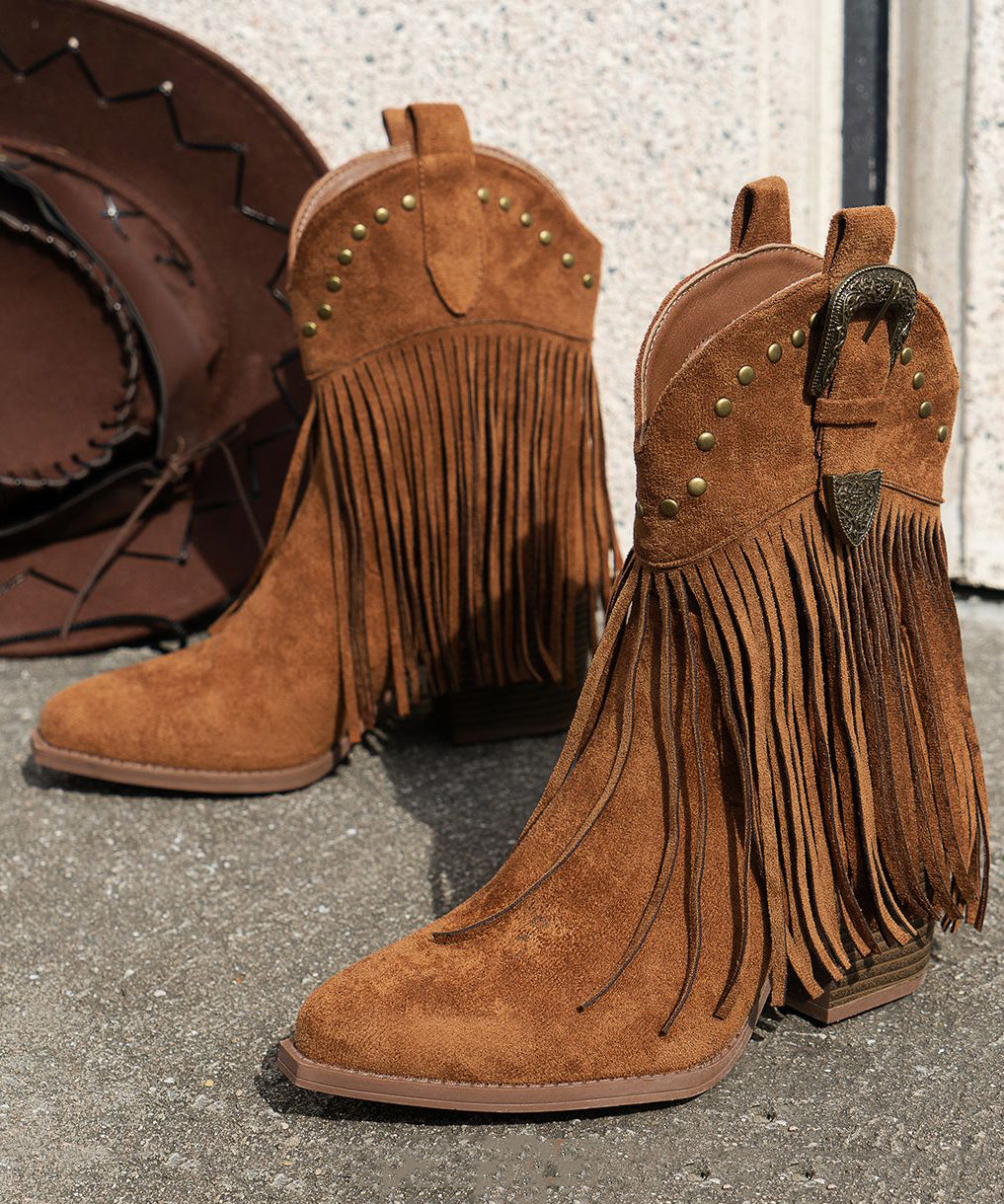 Brown Tasseled Nail Bead Suede Splicing Ankle Boots