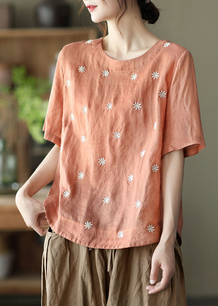 Orange Embroideried Linen Blouses Top Short Sleeve