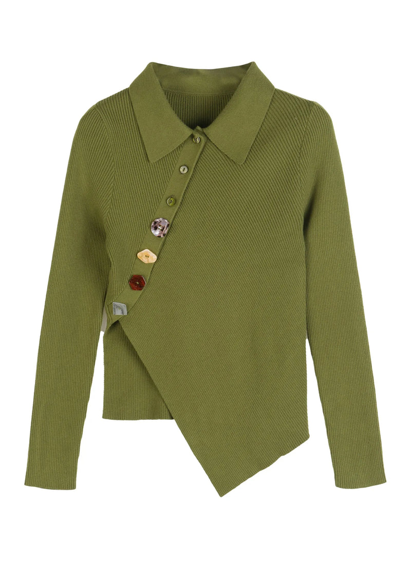 Green Peter Pan Collar Asymmetrical Knit Pullover Long Sleeve