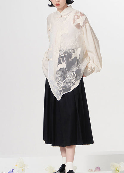Loose White Embroideried Chinese Button Patchwork Tulle Shirt Top Spring