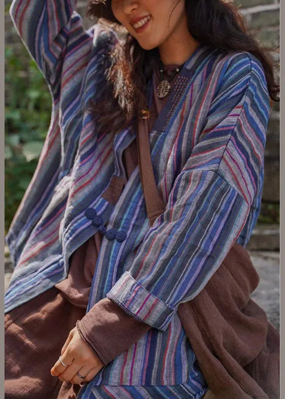 Blue Striped Retro Button Fall Shirt Top