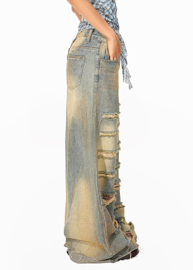 Blue High Waist Pockets Patchwork Wide Leg Jeans