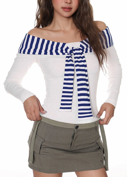 Grey Yellow Striped Patchwork T Shirt Long Sleeve
