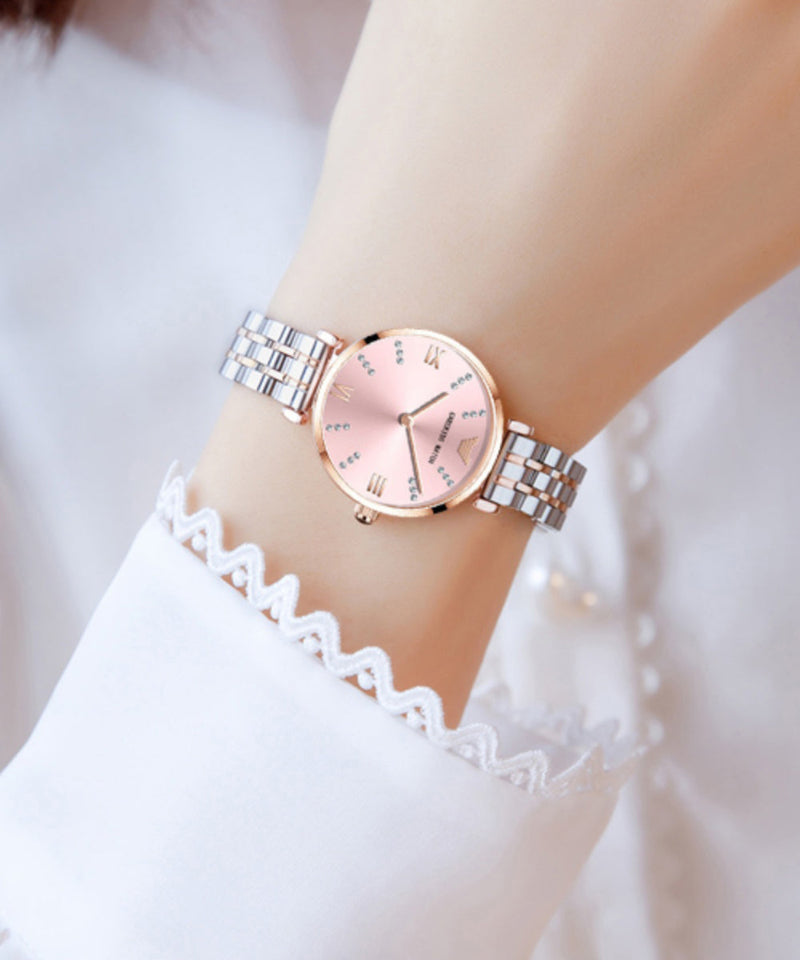 Gold White Stainless Steel Zircon Tempered Glass Watch