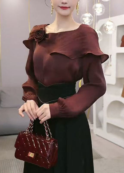 Stylish Wine Red Ruffled Chiffon Blouses Spring