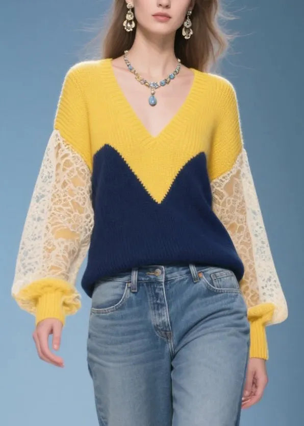 Colorblock V Neck Patchwork Lace Knit Pullover Winter