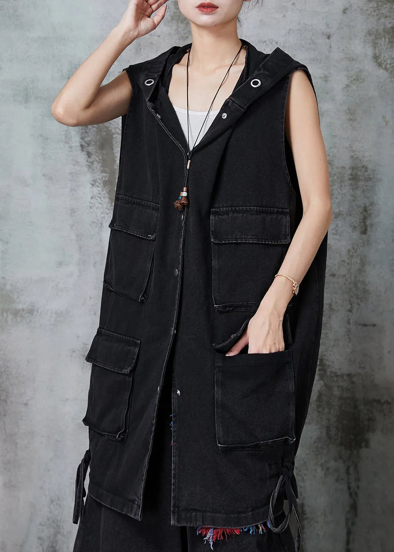 Black Drawstring Pockets Cotton Hooded Vest Spring