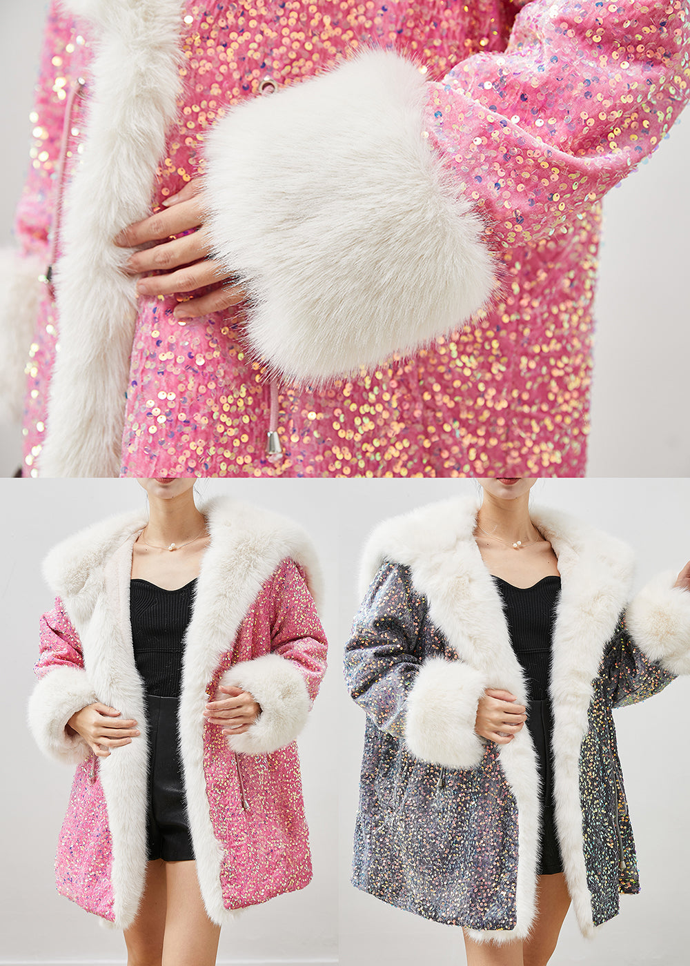 Grey Sequins Warm Faux Fur Velour Hoodie Coat Winter