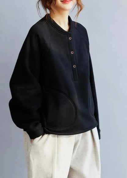 French Black Cotton Tops Blouses O Neck Art Spring Blouse