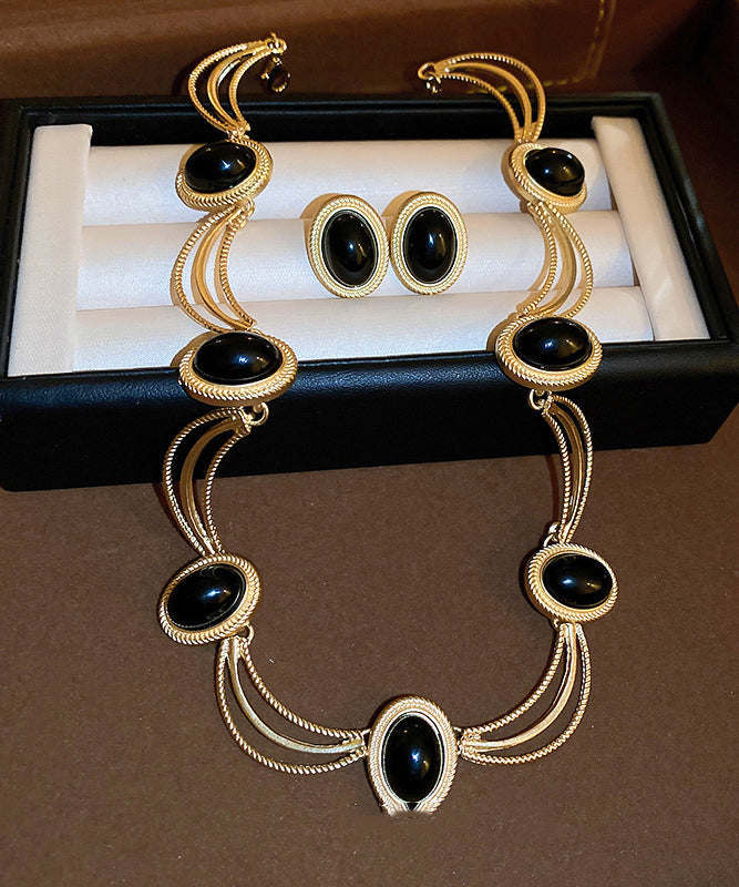 Black Alloy Gem Stone Drop Earrings and Princess Necklace Two-piece Set