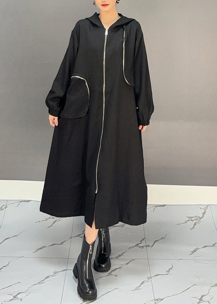 Coffee Patchwork Zippered Hooded Maxi Trench Coat Spring
