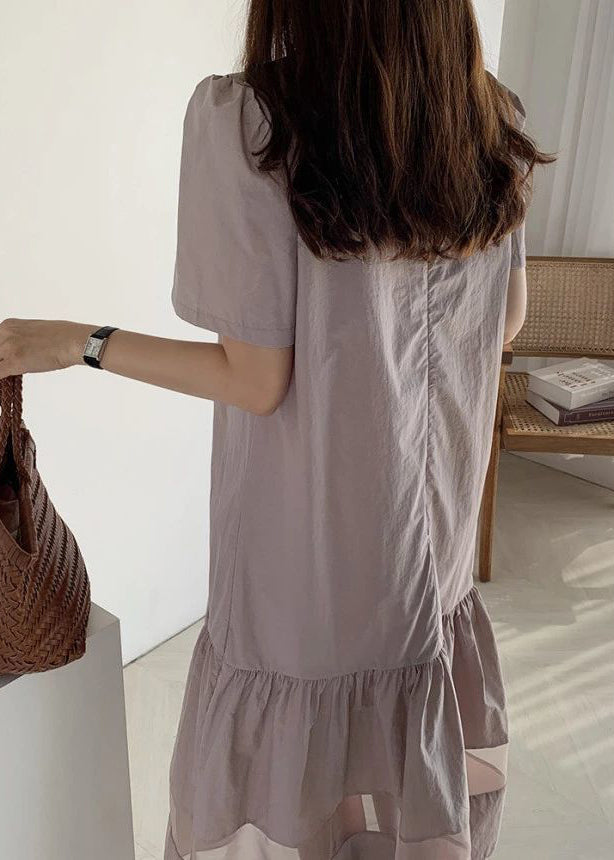 Fitted Light Purple O-neck Patchwork Wrinkled Cotton Long Dresses Summer