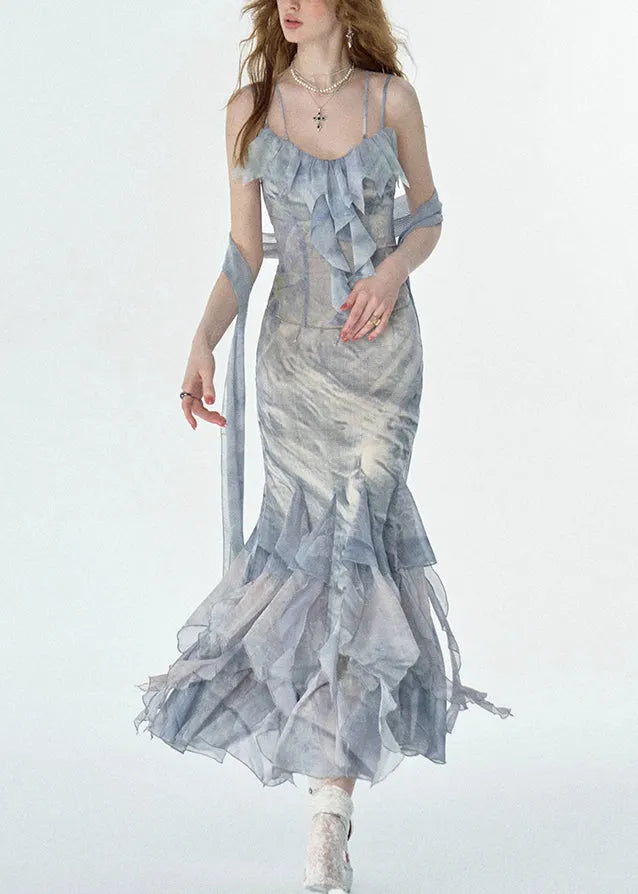 Print Ruffled Chiffon Long Spaghetti Strap Dresses Summer
