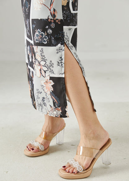 Black Print Side Open Chiffon Skirts Summer