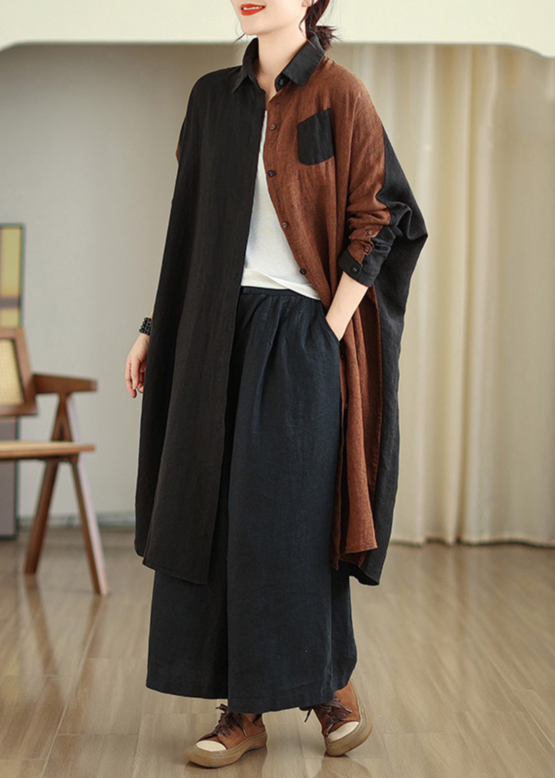 Stand Collar Patchwork Button Long Shirts Long Sleeve