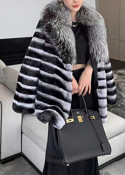 Boutique Black Grey V Neck Fur Collar Patchwork the Rabbit Wool Coat Winter