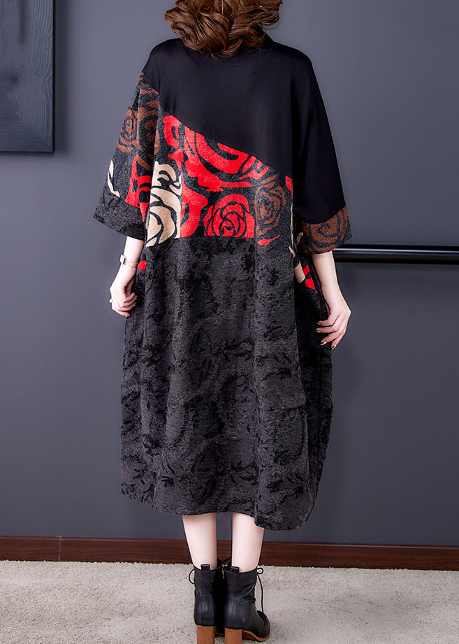 Black Print Button Patchwork Cotton Long Coats Fall