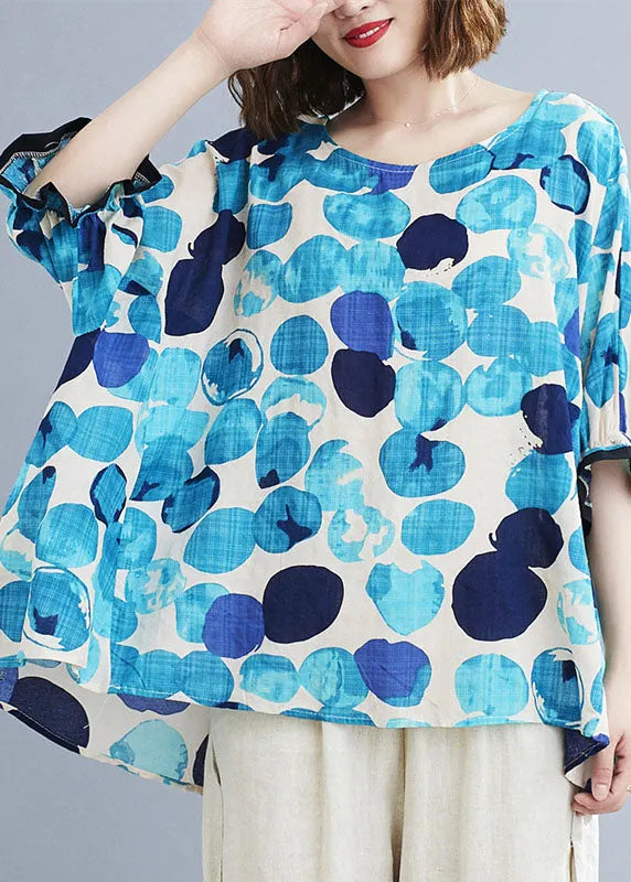 Blue O-neck Ruffled Dot Print Cotton Loose Blouses Short Sleeve