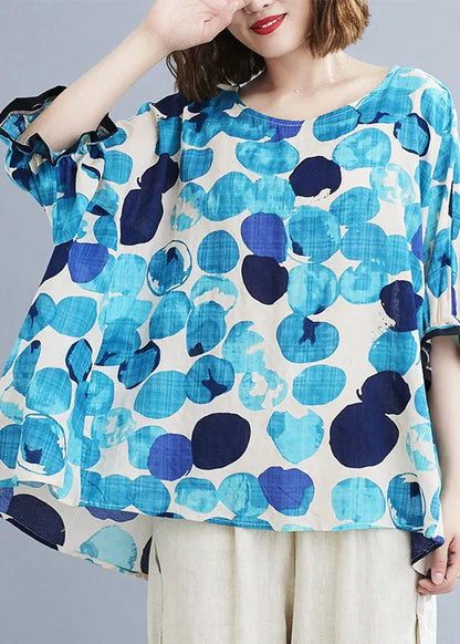 Blue O-neck Ruffled Dot Print Cotton Loose Blouses Short Sleeve