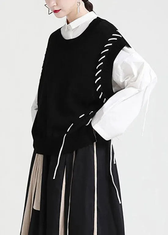 Black Knit Vest O-neck Drawstring Asymmetrical Spring