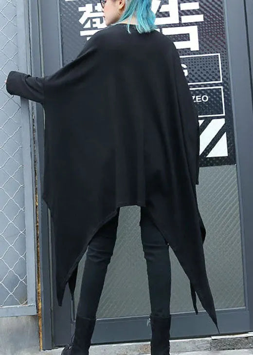 Fitted Black O-neck Asymmetrical Design Loose Fall Long Sleeve Top