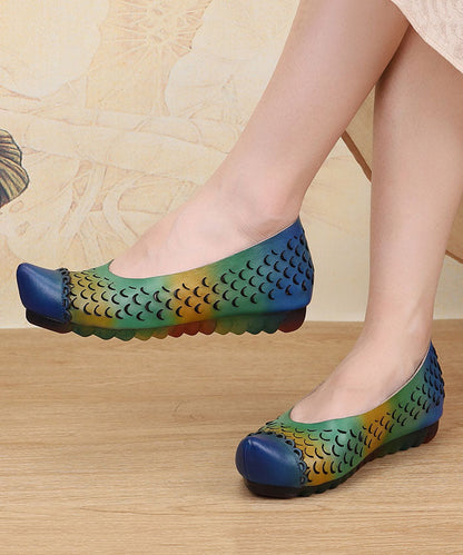 Blue Hollow Out Wedge Cowhide Leather Splicing Sandals