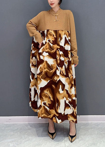 Khaki Mandarin Collar Patchwork Print Holiday Dress Spring