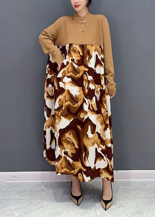 Khaki Mandarin Collar Patchwork Print Holiday Dress Spring