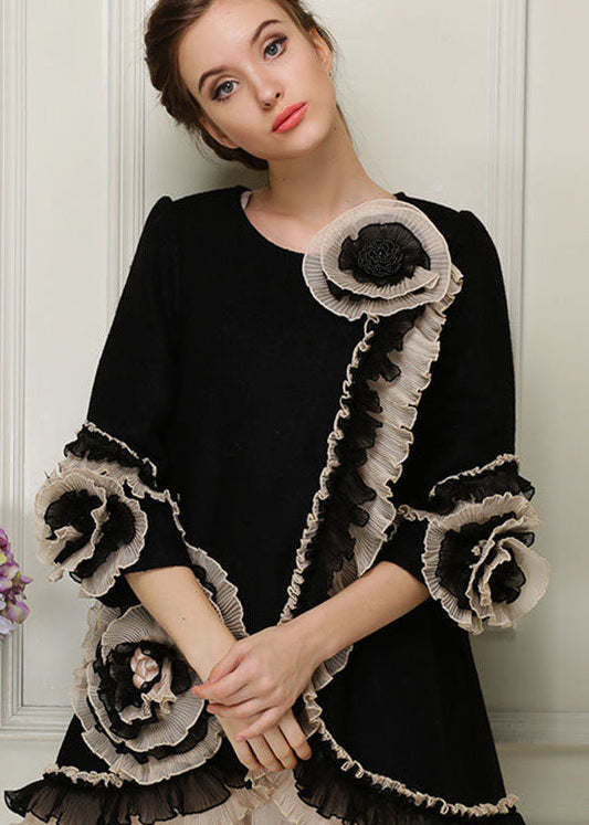 Black O-neck Nail Bead Woolen Coats Bracelet Sleeve