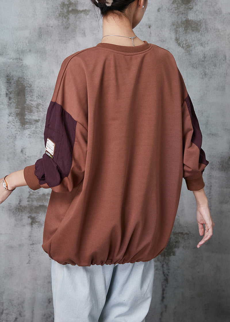 Brown Oversized Patchwork Cotton Sweatshirt Spring