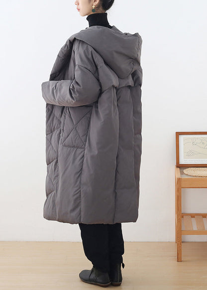 Grey Button Pockets Hooded Down Coat Long Sleeve