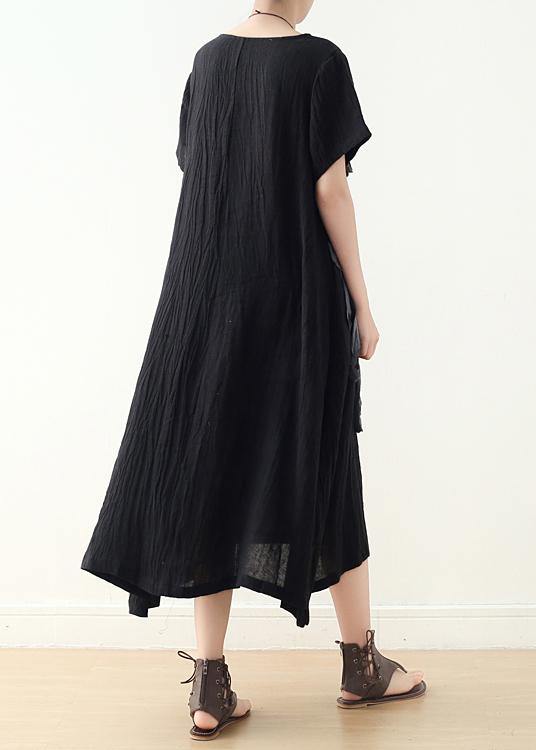 French Black Loose Linen Summer Dresses
