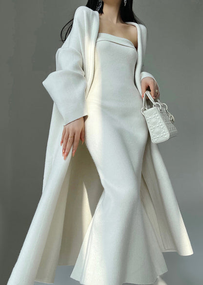 New White Cozy Cardigan and Dress Knit Two Pieces Set Spring