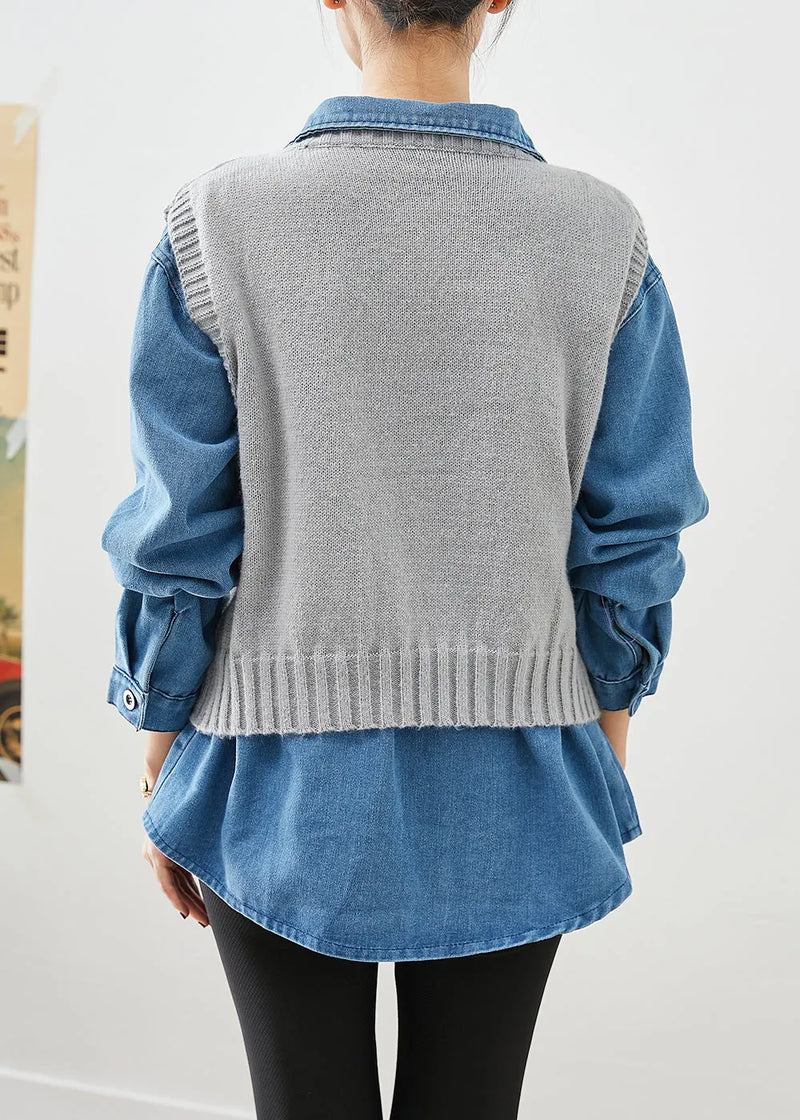 Oversized Thick Knit Vest and Denim Shirt Two Piece Set Outfits Fall