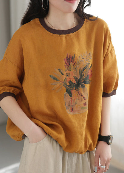 Yellow Oversized Patchwork Print Linen Tank Tops Short Sleeve
