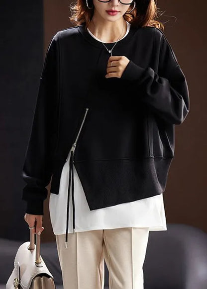 Loose Black Zippered Front Open Cotton Sweatshirt Long Sleeve