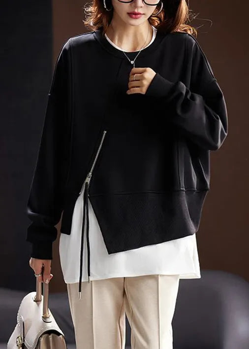 Loose Black Zippered Front Open Cotton Sweatshirt Long Sleeve
