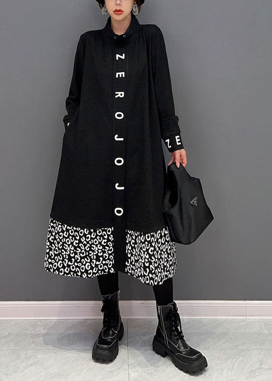 Black Stand Collar Patchwork Print Cotton Vacation Dresses Spring