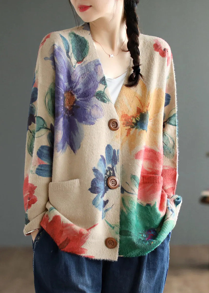 Diy Khaki V Neck Print Mink Hair Knitted Loose Coat Spring