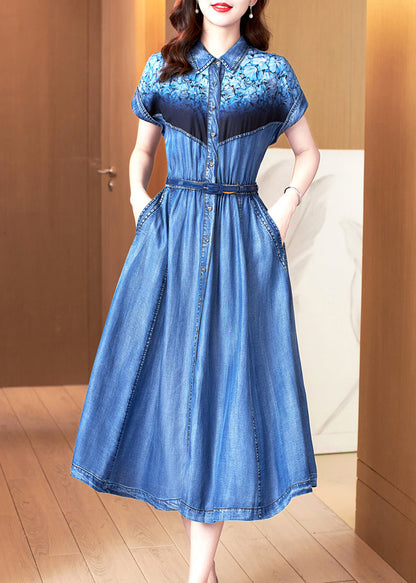 Blue Print Pockets Patchwork Denim Dress Summer