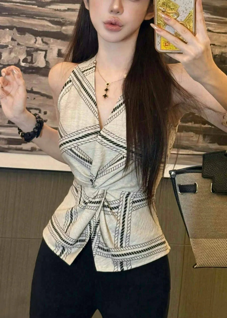 White Print Side Open Silm Fit Halter Vests Summer