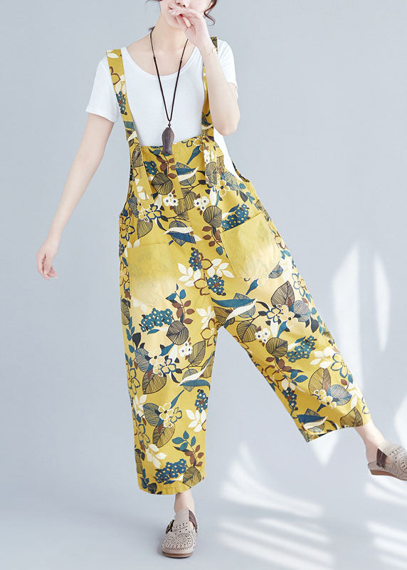 Yellow Pockets Print Denim Crop Wide Leg Jumpsuit Spring
