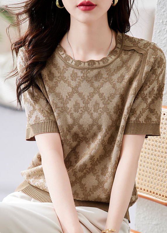 Art Khaki O-neck Print Knit Top Short Sleeve