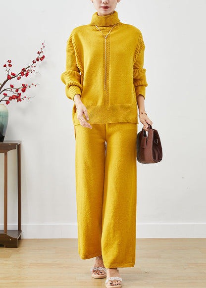 Yellow Turtle Neck Warm Knit Two Pieces Set Fall