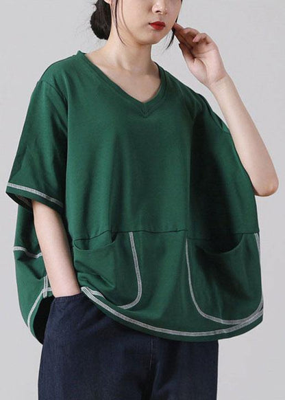 Green V Neck Short Sleeve Cotton Shirt