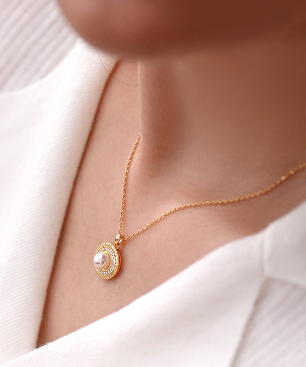 Round Pearl Adjustable Gold Plated Pendant Necklace