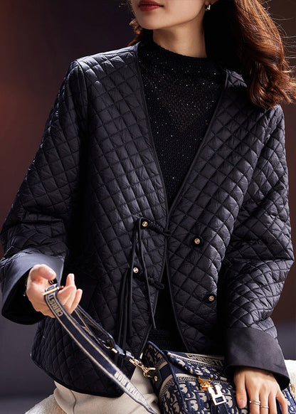 Black V Neck Button Thin Cotton Filled Coat Spring