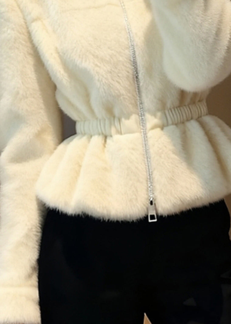 Beige Patchwork Elastic Waist Mink Hair Coats Winter
