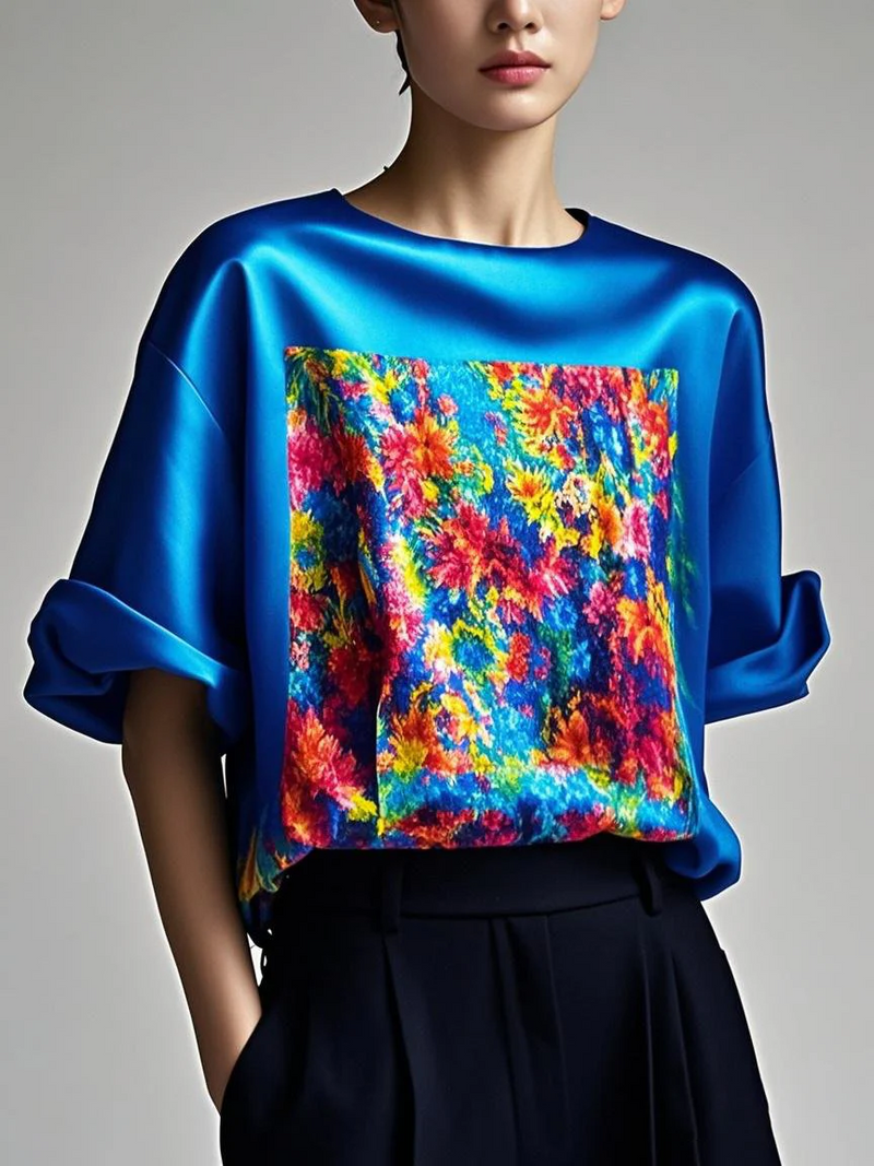 Fitted Pink Patchwork Silk Top Summer Short Sleeve